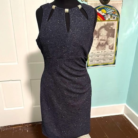 Eliza J Gray Glitter Knit Cocktail Sheath Dress Sparkle Jeweled Collar Size 10 - Picture 2 of 5